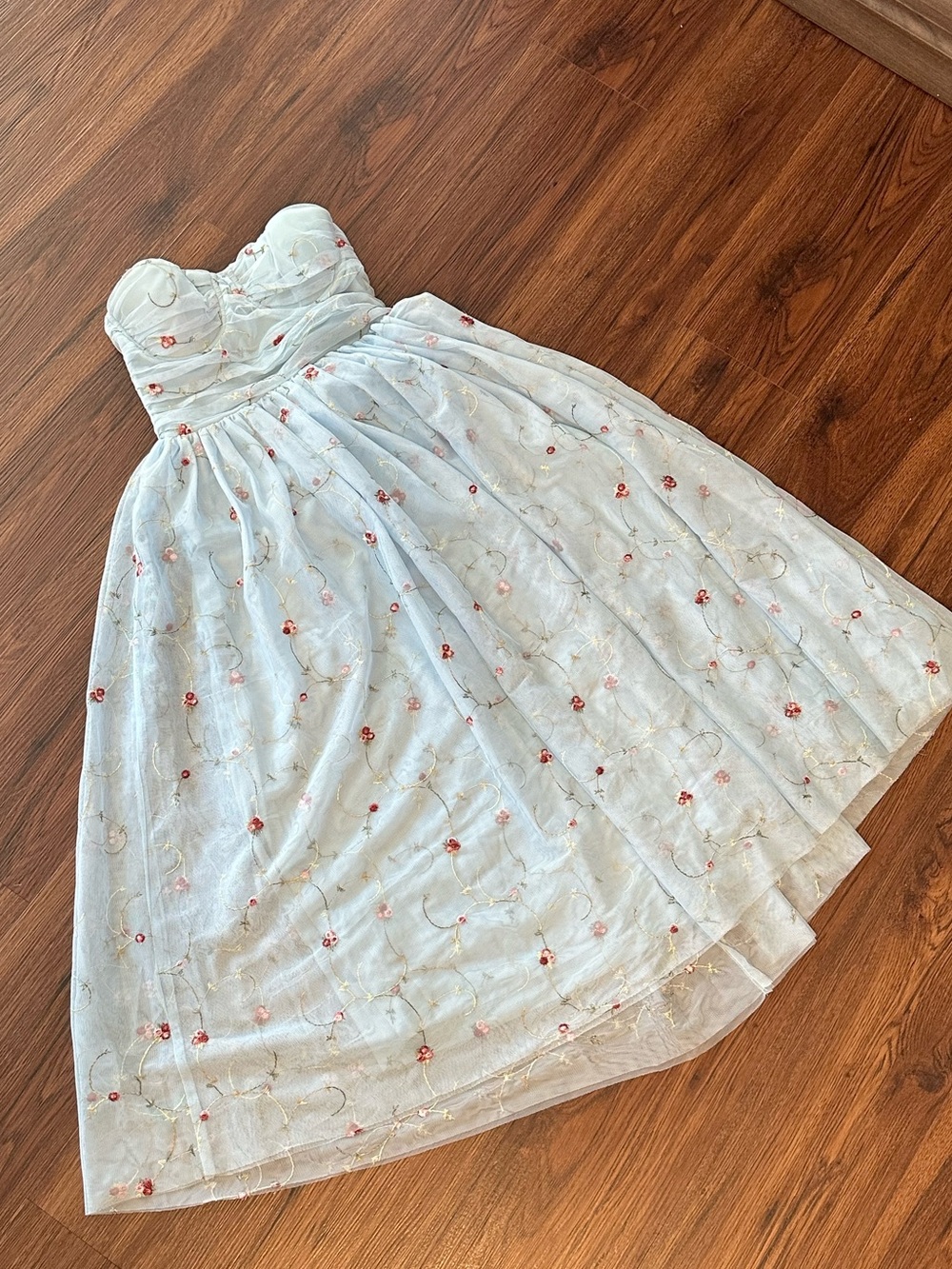 Light Blue Floral Strapless Party Dress